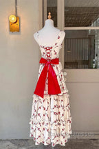 Sexy A Line Square Neckline Sleeveless WomenS Red Floral Holiday Dress Vacation Dresses Birthday Dress