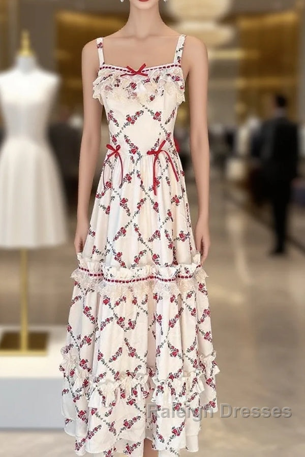 A Line Square Neckline Sleeveless WomenS Red Floral Holiday Dresses Vacation Dress Birthday Dresses