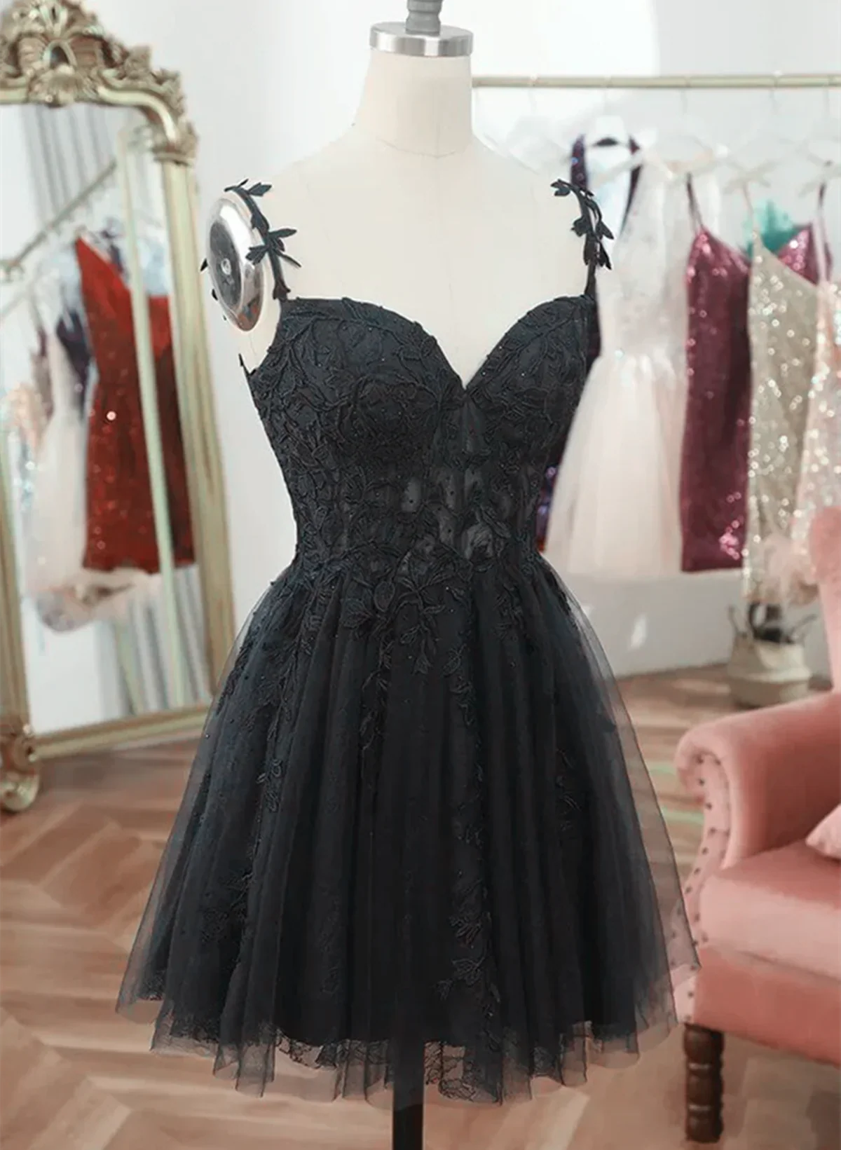 Black V Neck Beaded Tulle And Lace Prom Dresses Cute Black Homecoming Dresses