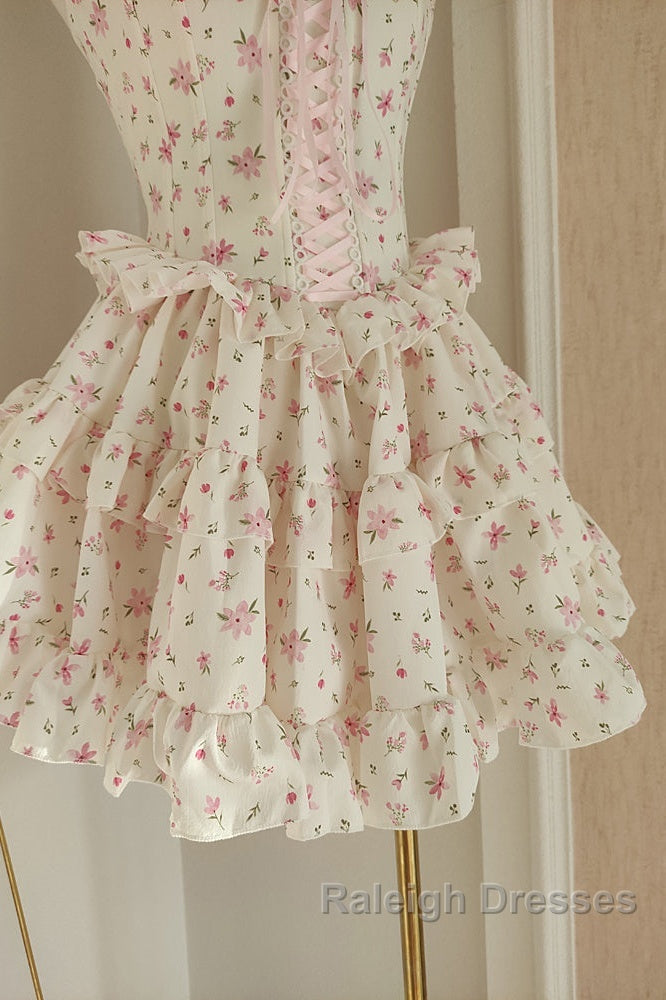 Sexy A Line Strapless Floral Holiday Dress Travel Vacation Dresses Short Chiffon Birthday Dress