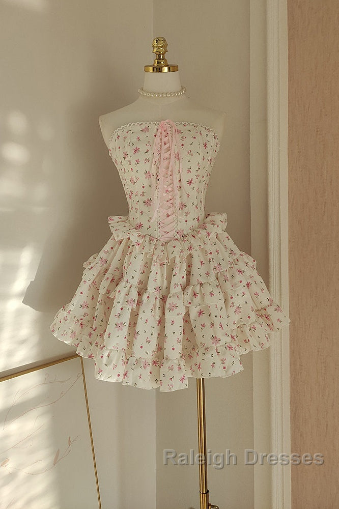 Sexy A Line Strapless Floral Holiday Dress Travel Vacation Dresses Short Chiffon Birthday Dress