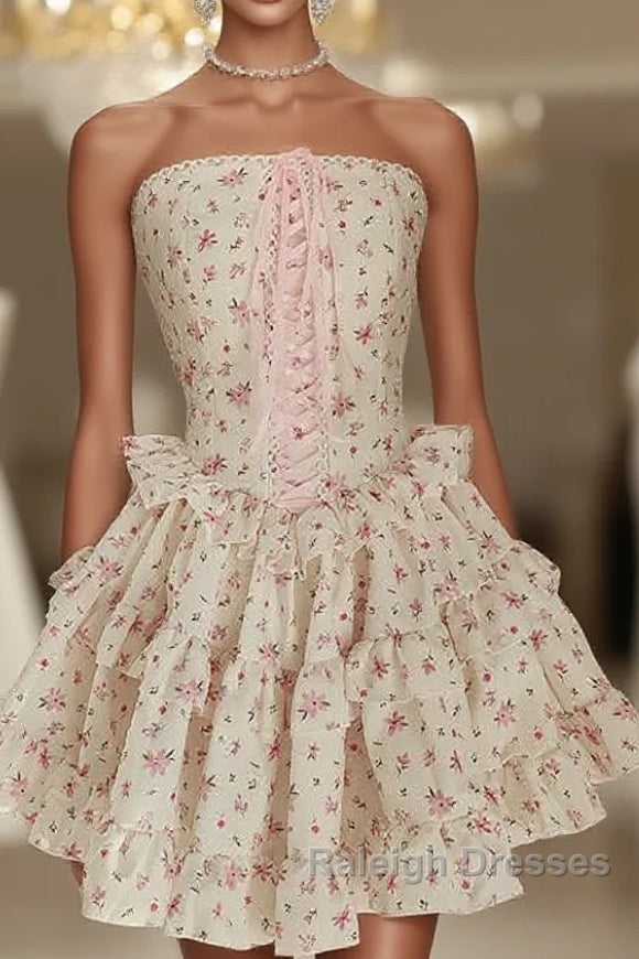 Sexy A Line Strapless Floral Holiday Dress Travel Vacation Dresses Short Chiffon Birthday Dress