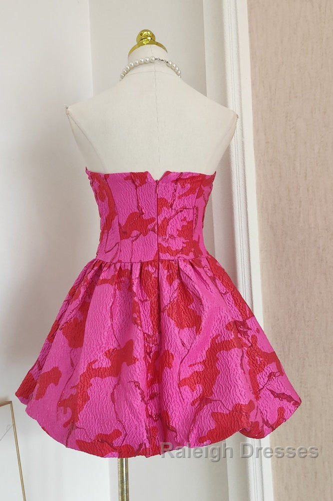 A Line Strapless Satin Pink Floral Vacation Dress Short Birthday Dresses