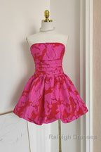 A Line Strapless Satin Pink Floral Vacation Dress Short Birthday Dresses
