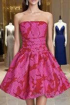 A Line Strapless Satin Pink Floral Vacation Dress Short Birthday Dresses