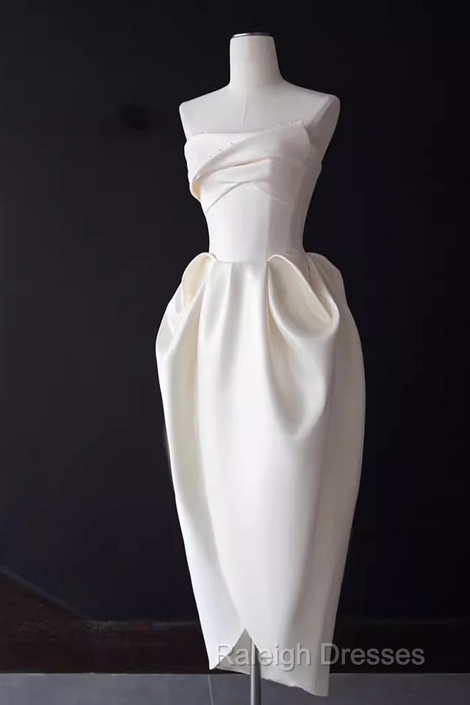 Sexy A Line Strapless Satin White Tea Length Wedding Dresses Brides Dress Secondary image