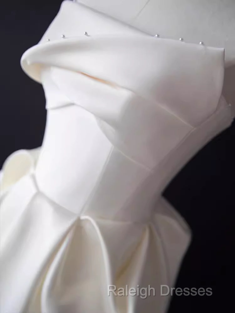 A-Line Strapless Satin White Tea Length Wedding Dress Brides Dresses