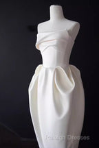 A-Line Strapless Satin White Tea Length Wedding Dress Brides Dresses