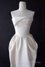 A-Line Strapless Satin White Tea Length Wedding Dress Brides Dresses