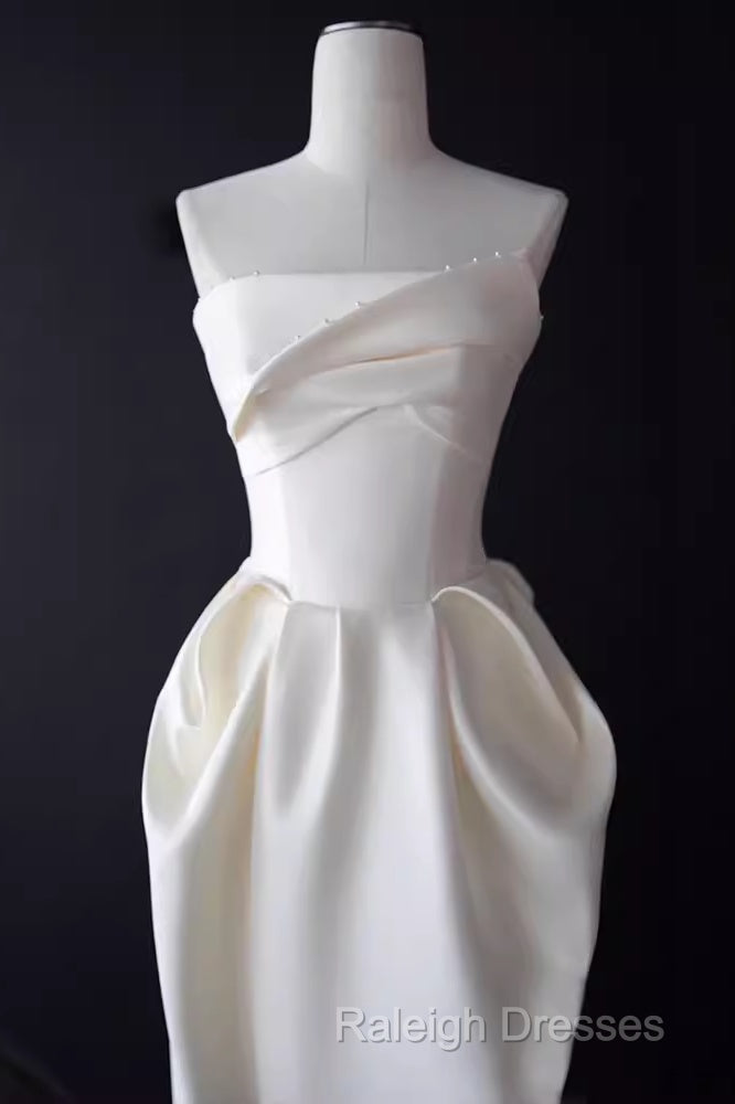 A-Line Strapless Satin White Tea Length Wedding Dress Brides Dresses