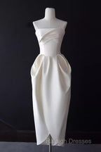 Sexy A Line Strapless Satin White Tea Length Wedding Dresses Brides Dress