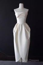 A-Line Strapless Satin White Tea Length Wedding Dress Brides Dresses