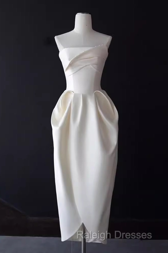 A-Line Strapless Satin White Tea Length Wedding Dress Brides Dresses