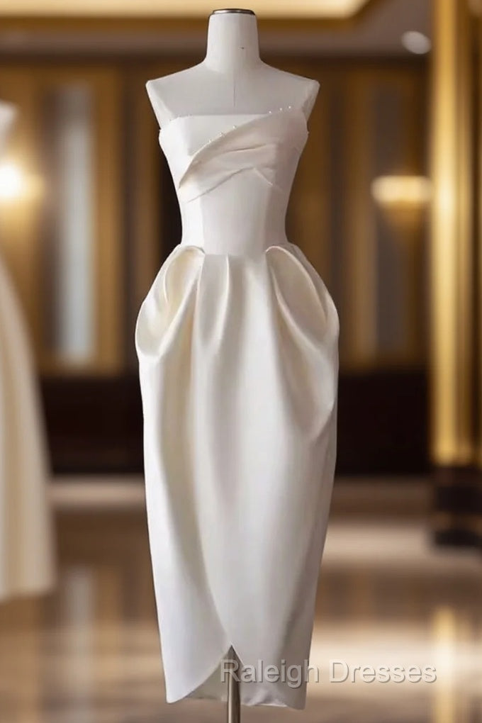 Sexy A Line Strapless Satin White Tea Length Wedding Dresses Brides Dress Main image