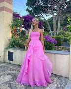 A-Line Strapless Sleeveless Prom Dresses Pink Prom Dresses