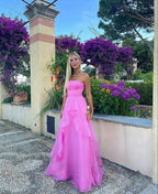 A-Line Strapless Sleeveless Prom Dresses Pink Prom Dresses