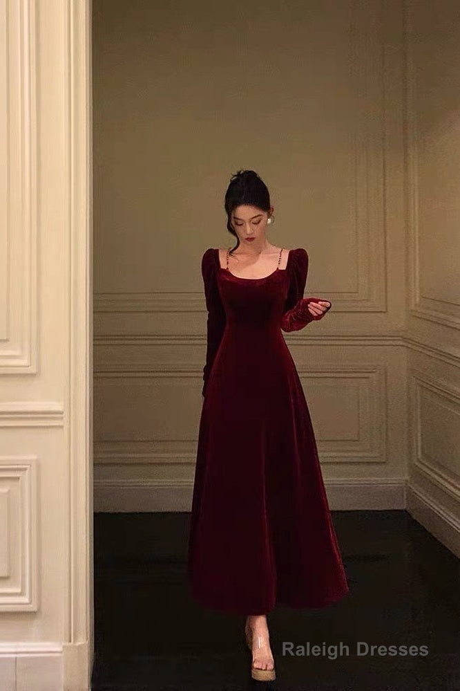 Sexy A Line Straps Burgundy Velvet Long Sleeves Prom Dresses Birthday Outfits Main image