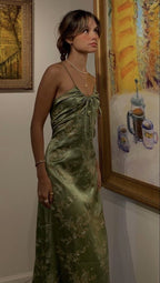 Sexy A Line Straps Green Floral Prom Dresses Evening Dress