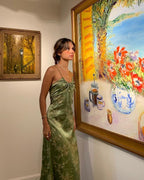 Sexy A Line Straps Green Floral Prom Dresses Evening Dress