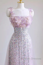 A-Line Straps Lilac Sequin Prom Dresses