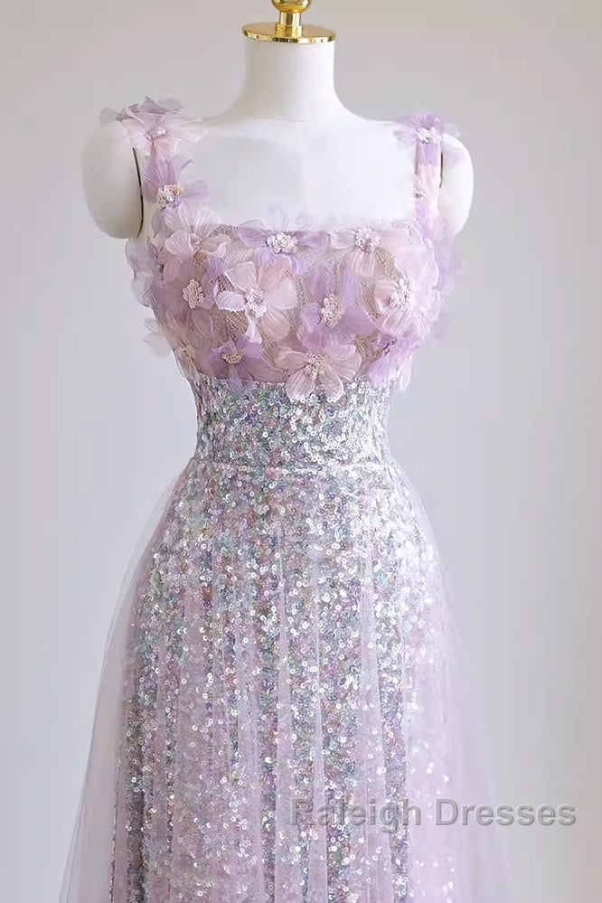 A-Line Straps Lilac Sequin Prom Dresses