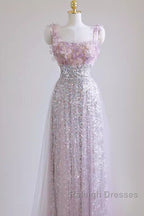 A-Line Straps Lilac Sequin Prom Dresses