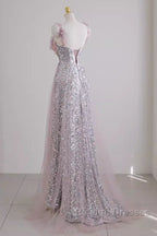 A-Line Straps Lilac Sequin Prom Dresses