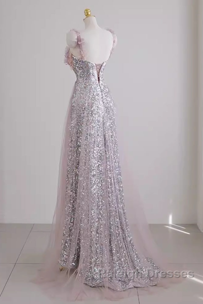 A-Line Straps Lilac Sequin Prom Dresses