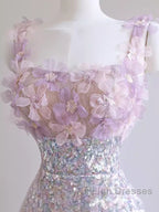 A-Line Straps Lilac Sequin Prom Dresses