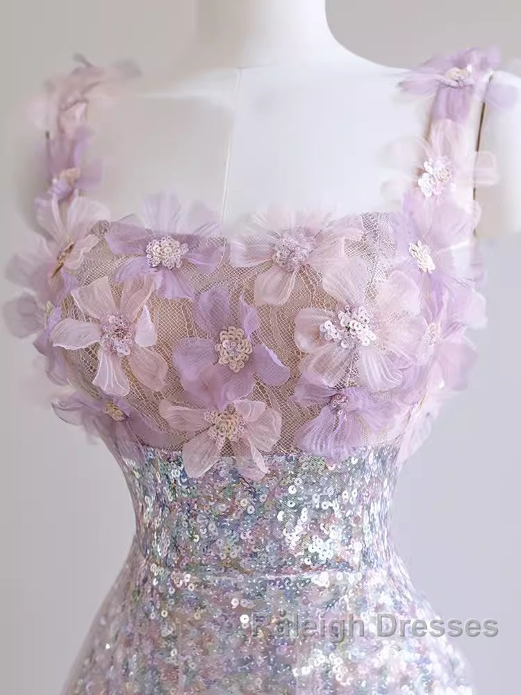 A-Line Straps Lilac Sequin Prom Dresses