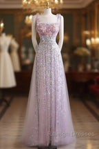 A-Line Straps Lilac Sequin Prom Dresses