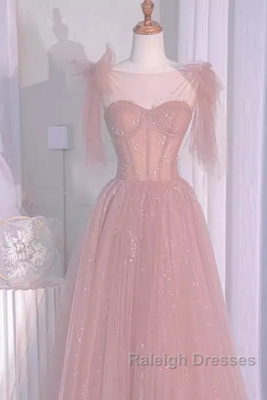 Sexy A Line Straps Neckline Long Pink Prom Dress