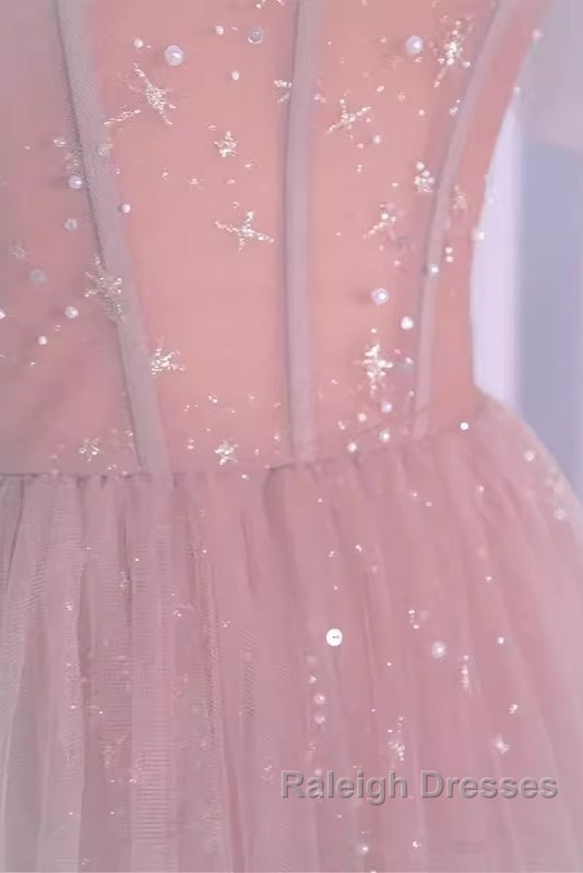 Sexy A Line Straps Neckline Long Pink Prom Dress