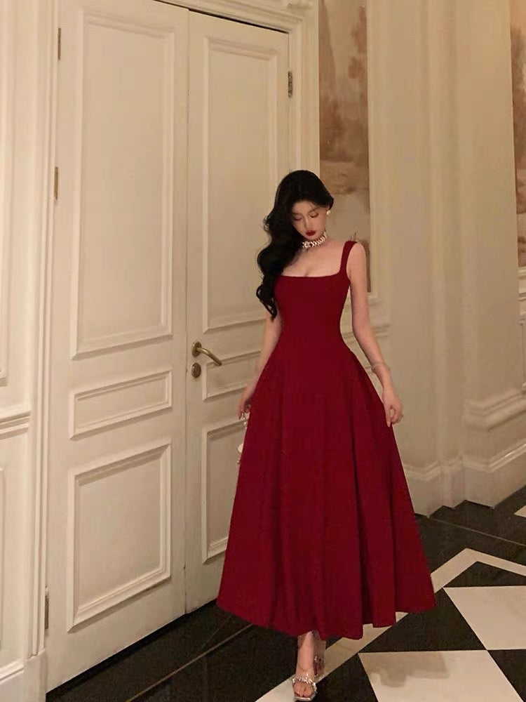 A-Line Straps Red Ankle Length Prom Dress Birthday Outfits Prom Dresses