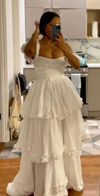 Sexy A Line Straps Ruffles Floor Length Chiffon White Formal Prom Dress 1697