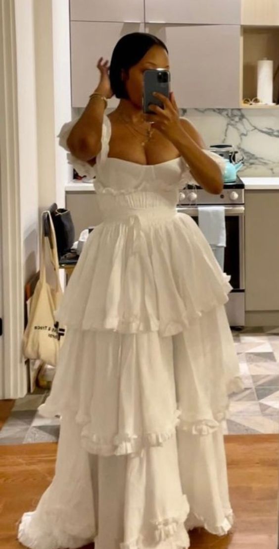 Sexy A Line Straps Ruffles Floor Length Chiffon White Formal Prom Dress 1697