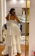Sexy A Line Straps Ruffles Floor Length Chiffon White Formal Prom Dress 1697