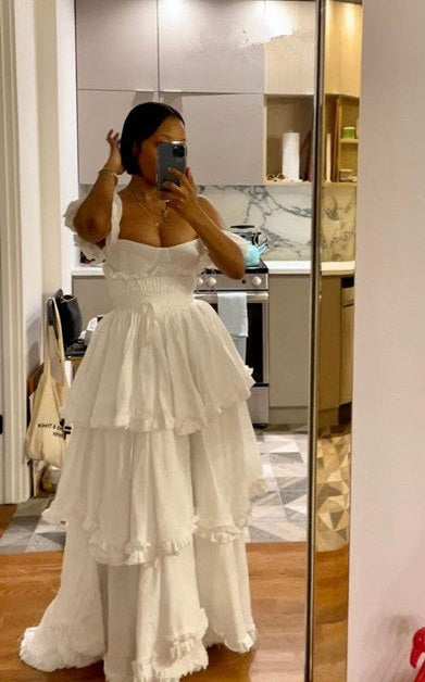 Sexy A Line Straps Ruffles Floor Length Chiffon White Formal Prom Dress 1697