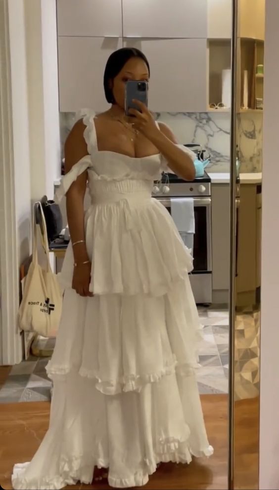 Sexy A Line Straps Ruffles Floor Length Chiffon White Formal Prom Dress 1697