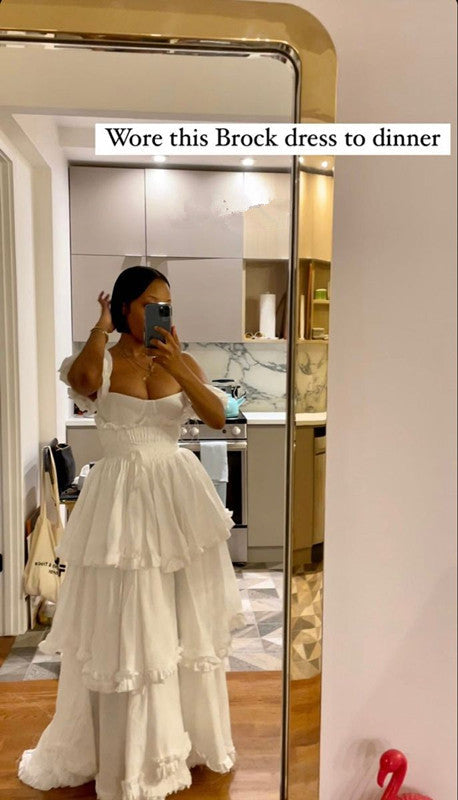 A-Line Straps Ruffles Floor Length Chiffon White Prom Dresses