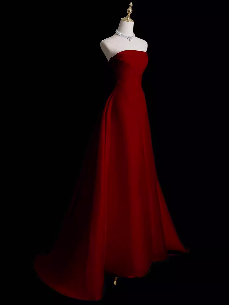 A-Line Strapless Sleeveless Burgundy Long Prom Dresses