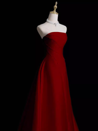 A-Line Strapless Sleeveless Burgundy Long Prom Dresses