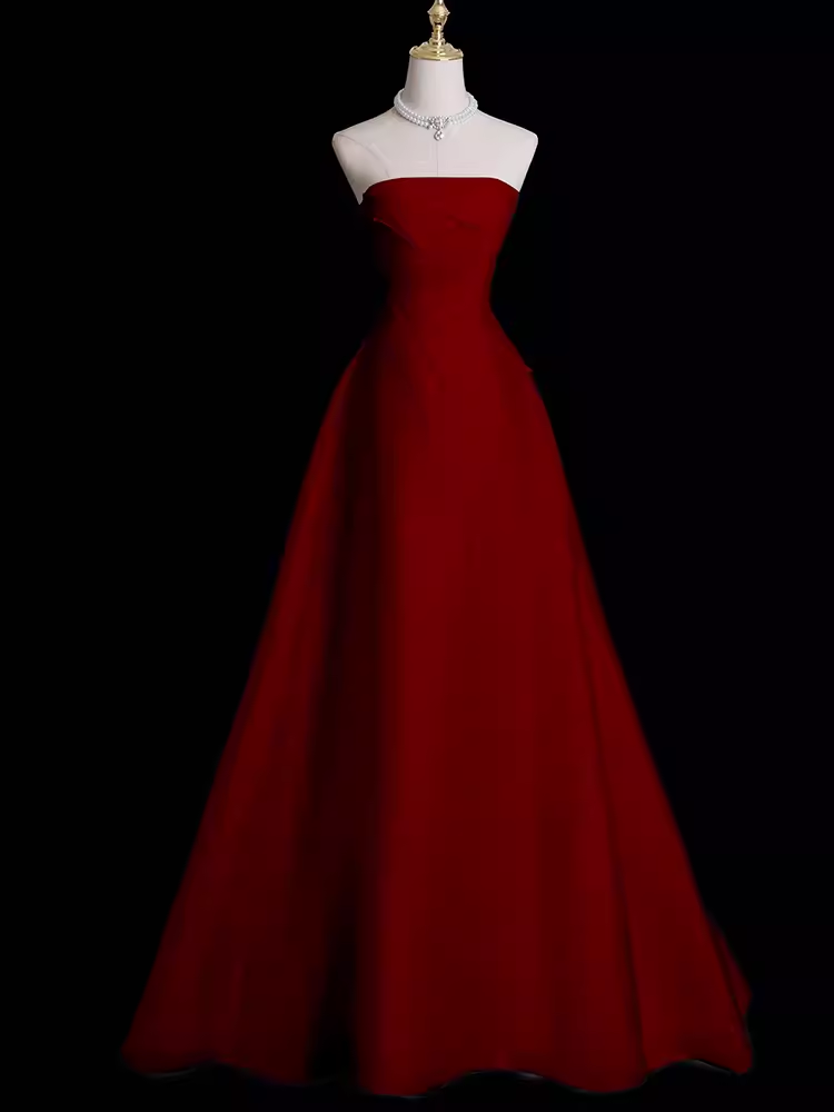 A-Line Strapless Sleeveless Burgundy Long Prom Dresses
