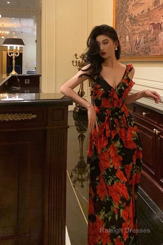 Sexy A Line Straps Sleeveless Red Floral Ruffle Chiffon Prom Dresses Birthday Outfits Secondary image