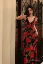 Sexy A Line Straps Sleeveless Red Floral Ruffle Chiffon Prom Dresses Birthday Outfits