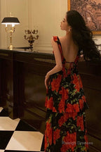 Sexy A Line Straps Sleeveless Red Floral Ruffle Chiffon Prom Dresses Birthday Outfits