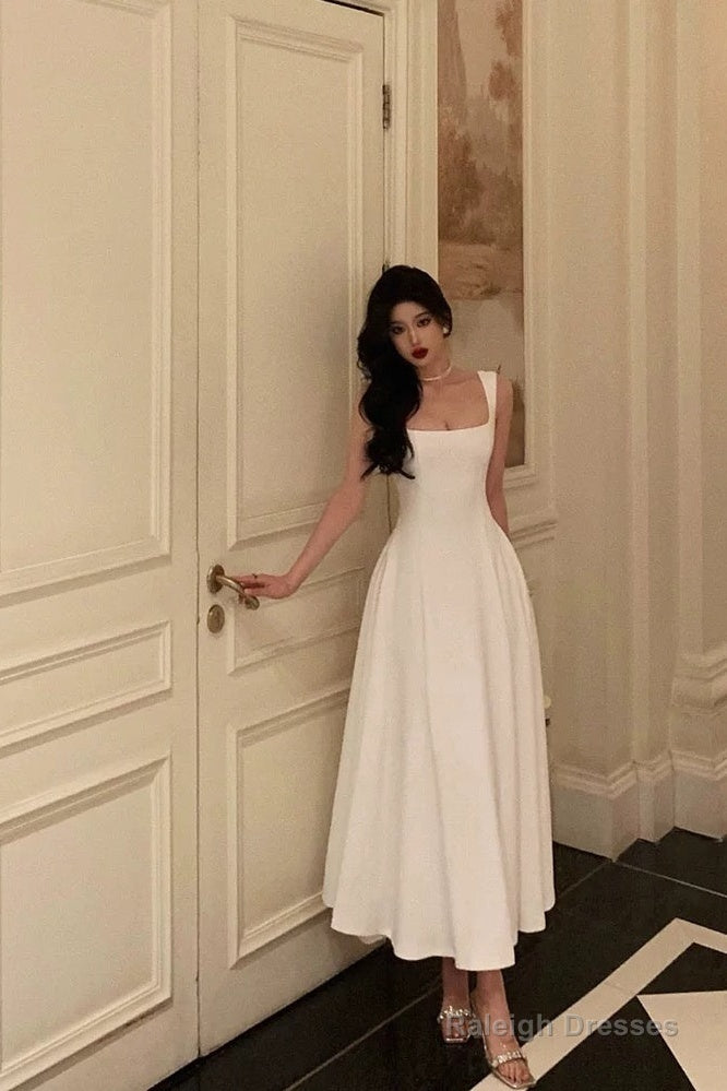 Sexy A Line Straps Sleeveless White Tea Length Prom Dresses Birthday Outfits Secondary image