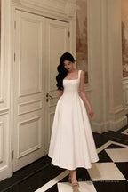 Sexy A Line Straps Sleeveless White Tea Length Prom Dresses Birthday Outfits