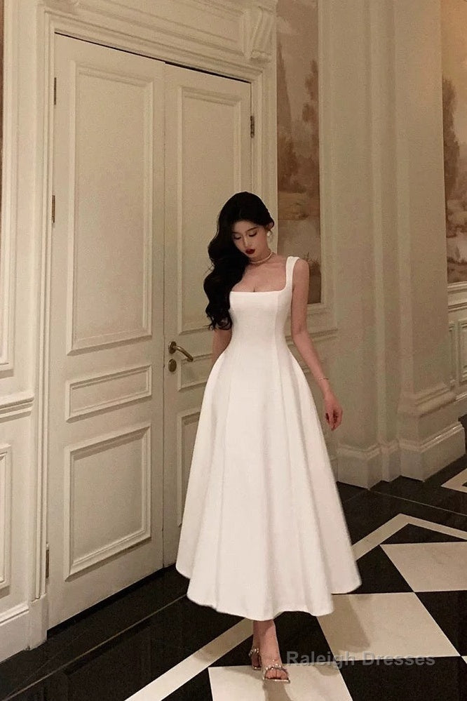 Sexy A Line Straps Sleeveless White Tea Length Prom Dresses Birthday Outfits