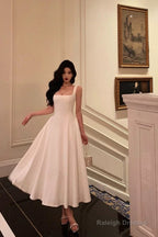 Sexy A Line Straps Sleeveless White Tea Length Prom Dresses Birthday Outfits